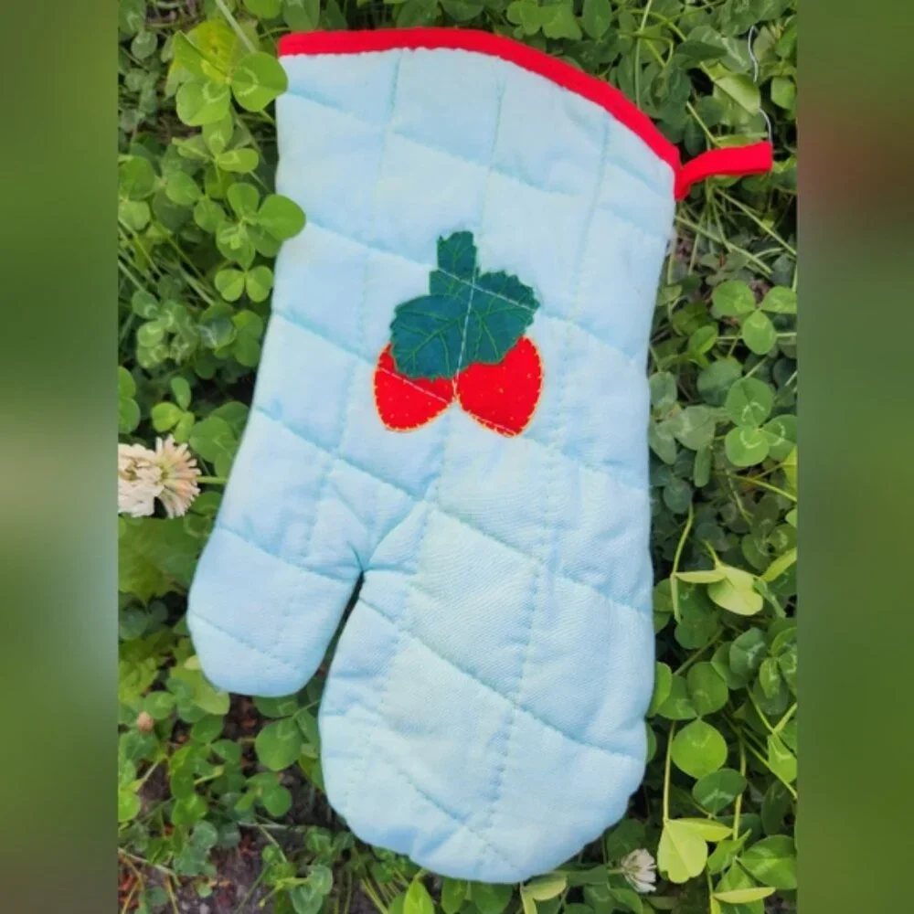 Hand Stitched Strawberry Oven Mitt‎ - Blue and Red Sweet Cottagecore